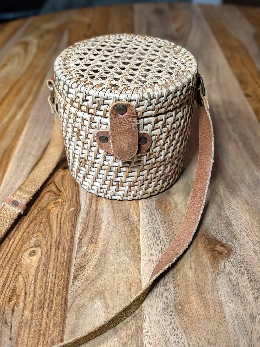 Woven Round Crossbody Bag with Leather Trim - Tan